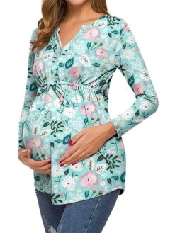 Women's Maternity Tops Pregnancy Shirts Floral Pattern Casual Comfort Pastoral Home Daily Vacation Cotton Breathable V Wire Long Sleeve Fall Winter White Light Green -Ladies Pajamas Store uwajpq1695281864731