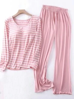 Women's Loungewear Sets 2 Pieces Stripe Fashion Casual Comfort Street Daily Date Polyester Breathable Crew Neck Long Sleeve Pant Summer Spring Black Pink -Ladies Pajamas Store uweezy1689149532575