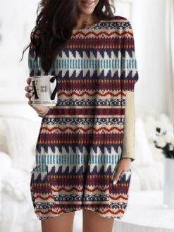 Women's Nightgown Stripe Geometic Fashion Comfort Home Daily Polyester Crew Neck Long Sleeve Pocket Fall Winter Red Blue -Ladies Pajamas Store uweqop1694417623395