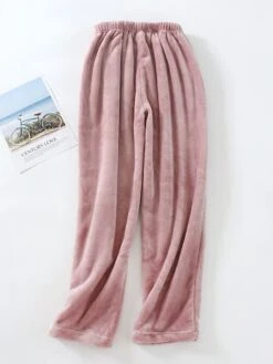 Women's Pajamas Pants Nighty Pure Color Comfort Soft Plush Home Daily Bed Flannel Comfort Warm Long Pant Pocket Elastic Waist Winter Fall Lotus Pink Black -Ladies Pajamas Store uwilqd1669892345387