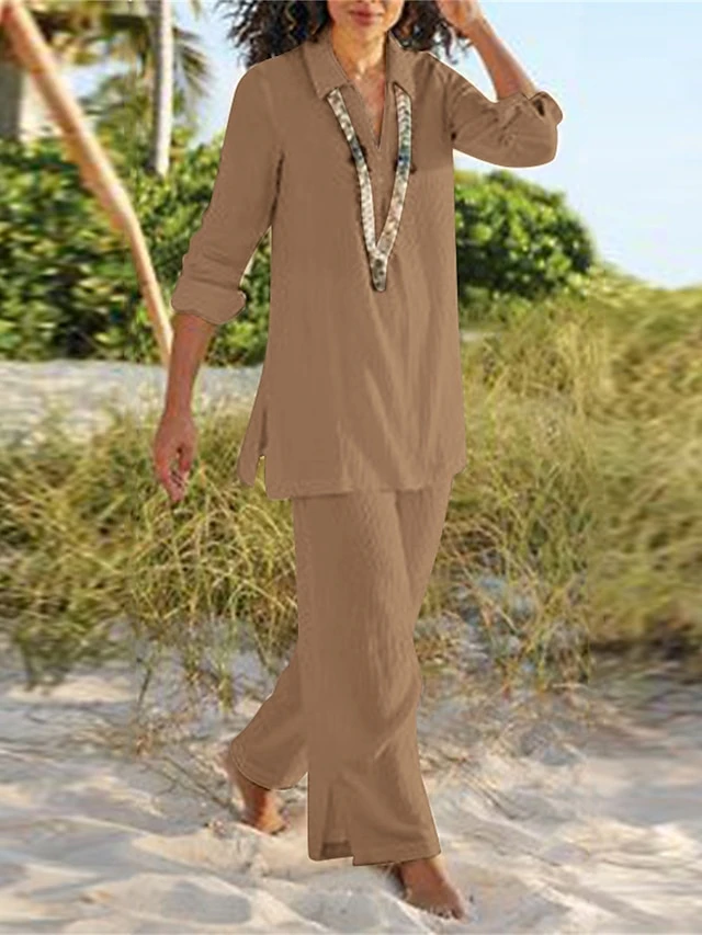 Women's Loungewear Sets Pure Color Basic Casual Comfort Home Daily Vacation Cotton Breathable Lapel Long Sleeve Shirt Pant Summer Spring Black Brown 6 Women's Loungewear Sets Pure Color Basic Casual Comfort Home Daily Vacation Cotton Breathable Lapel Long Sleeve Shirt Pant Summer Spring Black Brown - Image 4