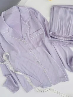 Women's Pajamas Sets Cat Letter Casual Comfort Soft Home Daily Bed Satin Breathable Lapel Long Sleeve Shirt Pant Button Pocket Fall Winter 8602#[Long Sleeve] 8101#[Long Sleeve] -Ladies Pajamas Store uwsduz1697161951183