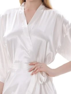 Women's Satin Silk Robe Bathrobe Robes Gown Pure Color Fashion Casual Comfort Home Daily Bed Satin Breathable V Wire Half Sleeve Summer Fall Black White -Ladies Pajamas Store vacccy1689581309967