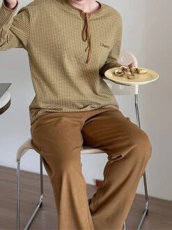 Women's Loungewear Sets Grid / Plaid Maillard Casual Comfort Soft Street Daily Vacation Polyester Breathable Crew Neck Long Sleeve Pant Elastic Waist Fall Winter Yellow Pink