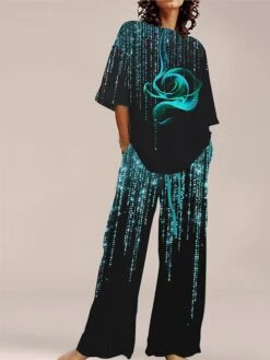 Women's Loungewear Sets 2 Pieces Flower Simple Comfort Sweet Home Daily Polyester Breathable Crew Neck Short Sleeve Pullover Pant Pocket Summer Spring Light Pink Lake Blue -Ladies Pajamas Store vcnggc1685616233473