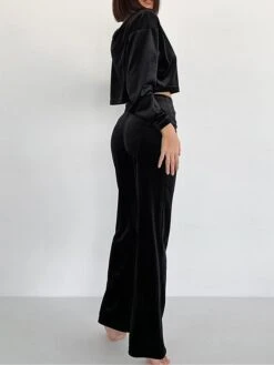 Women's Loungewear Sets Pure Color Warm Comfort Soft Home Daily Bed Velvet Warm Breathable Lapel Long Sleeve Crop Top Pant Fall Winter Black -Ladies Pajamas Store vcsmji1693206708376