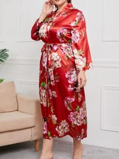 Women's Plus Size Pajamas Bathrobe Flower Simple Casual Comfort Home Bed Satin Breathable V Wire Long Sleeve Summer Spring Red Green -Ladies Pajamas Store vcurco1693986203026