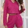 Women's Loungewear Sets Pure Color Fashion Comfort Soft Home Daily Bed Polyester Breathable Lapel Short Sleeve Pullover Shorts Fall Winter Magenta -Ladies Pajamas Store vdebbz1693467406129