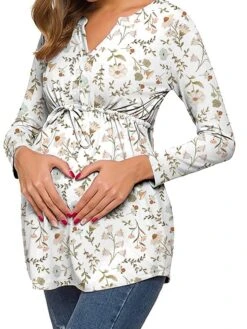 Women's Maternity Tops Pregnancy Shirts Floral Pattern Casual Comfort Pastoral Home Daily Vacation Cotton Breathable V Wire Long Sleeve Fall Winter White Light Green
