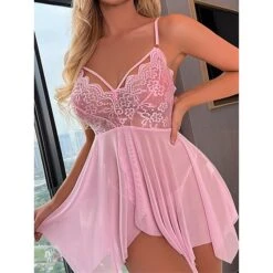 Women's Plus Size Sexy Bodies Sets 2 Pieces Pure Color Ultra Slim Hot Comfort Xmas Home Christmas Bed Lace Breathable Straps Sleeveless Backless Fall Winter Black Pink -Ladies Pajamas Store veisan1694742403311