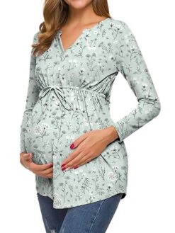 Women's Maternity Tops Pregnancy Shirts Floral Pattern Casual Comfort Pastoral Home Daily Vacation Cotton Breathable V Wire Long Sleeve Fall Winter White Light Green -Ladies Pajamas Store velden1695281873667