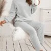 Women's Fuzzy Pajama Sets Pure Color Fashion Casual Soft Home Daily Bed Polyester Warm Breathable Crew Neck Long Sleeve Pant Fall Winter Black Pink -Ladies Pajamas Store vghaqg1689581337621