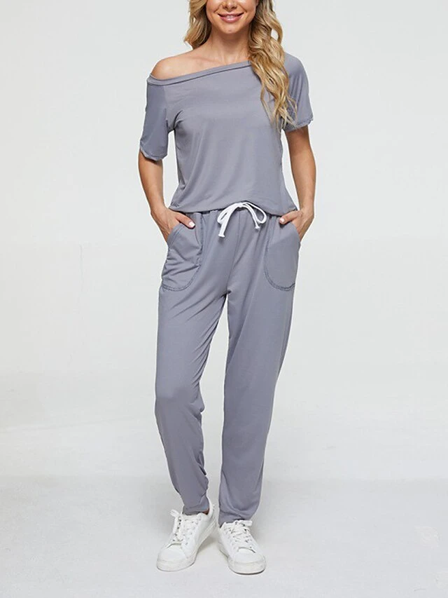 Women's Loungewear Sets Pure Color Fashion Comfort Soft Home Daily Bed Polyester Breathable Crew Neck Short Sleeve Pullover Pant Pocket Fall Winter Black White 5 Women's Loungewear Sets Pure Color Fashion Comfort Soft Home Daily Bed Polyester Breathable Crew Neck Short Sleeve Pullover Pant Pocket Fall Winter Black White - Image 3