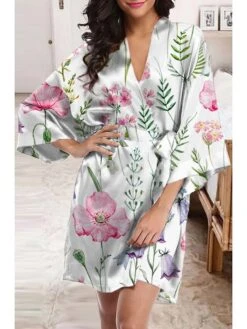 Women's Loungewear Nightgown Nighty Silk Kimono Flower Comfort Sweet Home Daily Satin V Wire Long Sleeve Spring Summer White