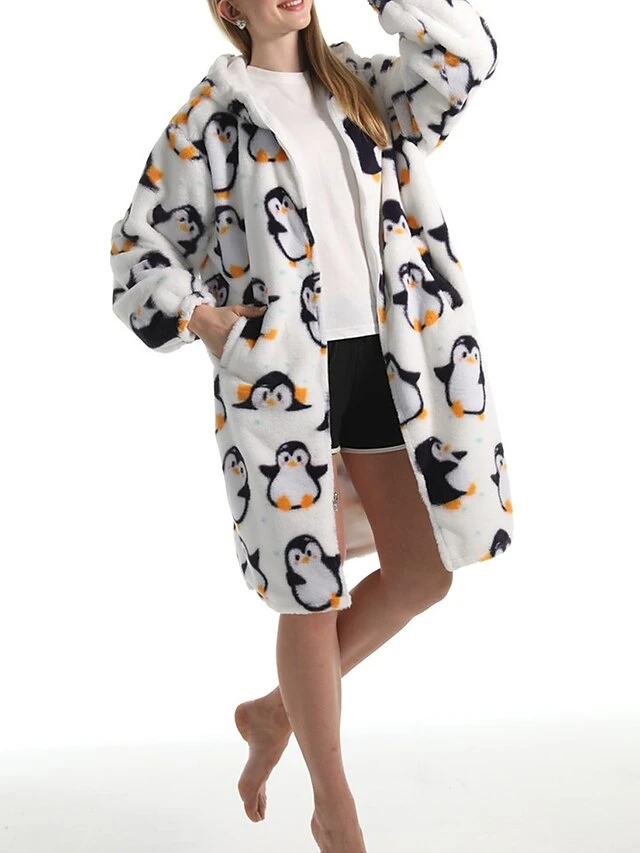 Women's Robe Penguin Plush Casual Comfort Home Daily Bed Flannel Warm Breathable Hoodie Long Sleeve Pocket Fall Winter White 6 Women's Robe Penguin Plush Casual Comfort Home Daily Bed Flannel Warm Breathable Hoodie Long Sleeve Pocket Fall Winter White - Image 4