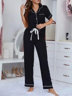 Women's Loungewear Sets Pure Color Simple Casual Soft Home Daily Vacation Cotton Breathable Lapel Short Sleeve Shirt Pant Elastic Waist Fall Spring Black