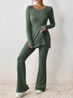 Women's Loungewear Sets Pure Color Casual Comfort Soft Home Street Daily Polyester Breathable Crew Neck Long Sleeve Sweater Pant Fall Winter Black Army Green -Ladies Pajamas Store vlwone1692861791471