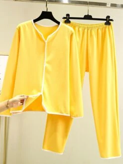 Women's Pajamas Sets Patchwork Warm Fashion Plush Home Daily Bed Cotton Warm Breathable V Wire Long Sleeve Shirt Pant Button Fall Winter Korean Fans Yellow -Ladies Pajamas Store vmdcpv1695281885724