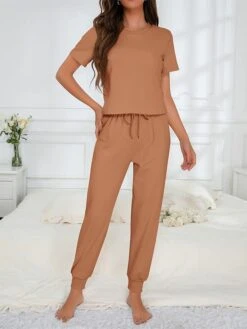 Women's Loungewear Sets 2 Pieces Pure Color Fashion Casual Comfort Street Daily Date Polyester Breathable Crew Neck Short Sleeve Pant Summer Fall Black White