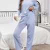Women's Waffle Knit Lounge Sets Pure Color Fashion Casual Soft Home Daily Bed Polyester Breathable Crew Neck Long Sleeve T Shirt Tee Pant Elastic Waist Summer Fall Navy Blue Blue -Ladies Pajamas Store vmkjme1689581284373
