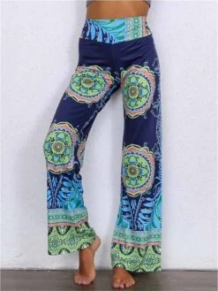 Women's Loungewear Pants Wide Leg Boho Pants Tribal Print Fashion Casual Comfort Street Date Airport Cotton Breathable Long Pants Elastic Wide Waistband Summer Spring Green -Ladies Pajamas Store vnfmyo1684410456828