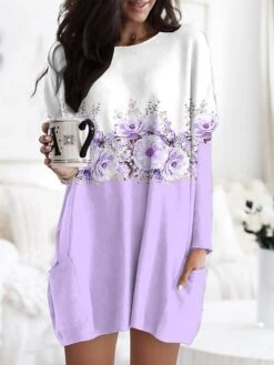 Women's Nightgown Flower Fashion Comfort Home Daily Polyester Crew Neck Long Sleeve Pocket Fall Winter Light Pink Blue And White -Ladies Pajamas Store vnzubh1693381271812