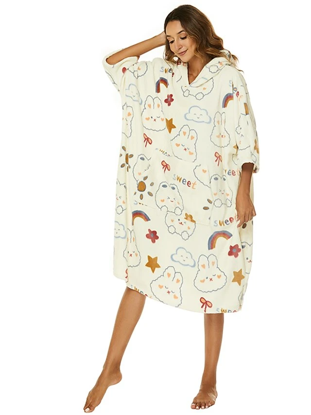 Women's Robes Gown Cartoon Comfort Home Polyester Comfort Hoodie Short Sleeve Pullover Pocket Hoodie Summer Beige 7 Women's Robes Gown Cartoon Comfort Home Polyester Comfort Hoodie Short Sleeve Pullover Pocket Hoodie Summer Beige - Image 5
