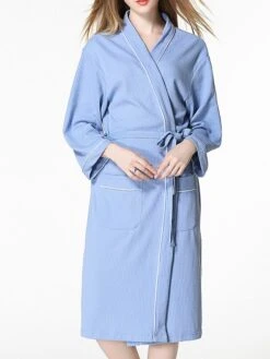 Women's Cotton Robe Pure Color Simple Casual Comfort Home Bed Wedding Party Breathable V Wire Long Sleeve Pocket Fall Winter White Pink -Ladies Pajamas Store voheye1694072390222