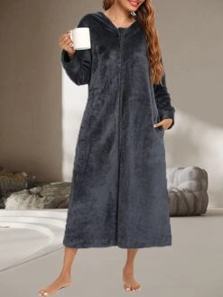 Women's Warm Bathrobe Robes Gown Pure Color Simple Casual Comfort Home Daily Bed Polyester Breathable Hoodie Long Sleeve Pocket Fall Winter Black Wine