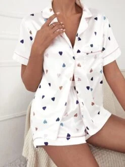 Women's Loungewear Sets Heart Stripe Casual Comfort Soft Home Daily Bed Polyester Breathable Lapel Short Sleeve Shirt Shorts Pocket Elastic Waist Summer Spring Blue And White White -Ladies Pajamas Store vqizuy1680576874722