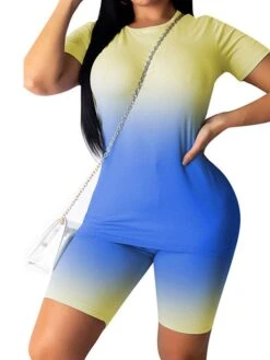 Women's Loungewear Sets Nighty 2 Pieces Tie Dye Gradient Sport Comfort Home Daily Polyester Crew Neck Short Sleeve T Shirt Tee Shorts Spring Summer Green Blue