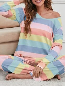 Women's Pajamas Nighty Pjs Sets 2 Pieces Rainbow Stripe Fashion Comfort Soft Home Daily Bed Cotton Breathable V Wire Long Sleeve T Shirt Tee Pant Spring Fall Yellow Blue 30 Women's Pajamas Nighty Pjs Sets 2 Pieces Rainbow Stripe Fashion Comfort Soft Home Daily Bed Cotton Breathable V Wire Long Sleeve T Shirt Tee Pant Spring Fall Yellow Blue -Ladies Pajamas Store vrnwfz1665214004175