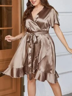 Women's Plus Size Loungewear Dress Pure Color Casual Comfort Sweet Home Daily Vacation Polyester Breathable V Wire Short Sleeve Dress Spring Summer Light Brown