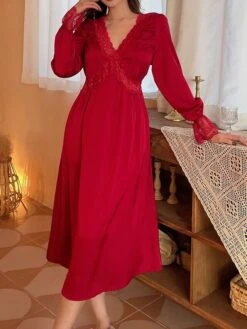 Women's Satin Silk Lace Nightgown Pajamas Nightshirt Dress Pure Color Simple Casual Comfort Home Daily Bed Satin Breathable V Wire Long Sleeve Chest Pads Fall Winter Black White