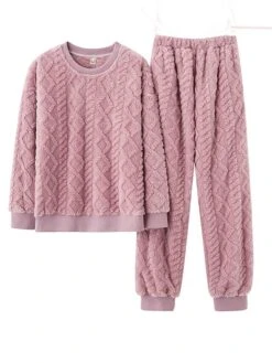 Women's Pajamas Sets Pure Color Warm Fashion Casual Home Daily Bed Flannel Warm Breathable Crew Neck Long Sleeve Hoodie Pant Pocket Elastic Waist Fall Winter Light Pink Black