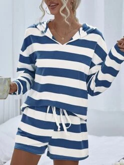 Women's Loungewear Sets Stripe Fashion Comfort Soft Home Daily Bed Polyester Breathable Hoodie Long Sleeve Hoodie Shorts Hoodie Fall Winter Blue Gray -Ladies Pajamas Store vvdcji1694072390490
