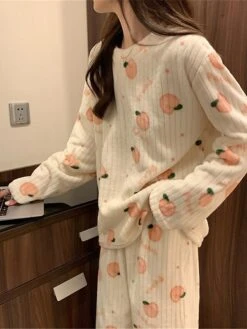Women's Fleece Coral Pajamas Sets Cartoon Fruit Fashion Plush Casual Home Daily Bed Coral Breathable Crew Neck Long Sleeve Pant Summer Fall Lotus Pink Black -Ladies Pajamas Store vvncja1697103820117