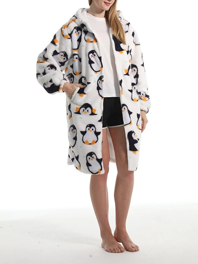Women's Robe Penguin Plush Casual Comfort Home Daily Bed Flannel Warm Breathable Hoodie Long Sleeve Pocket Fall Winter White 5 Women's Robe Penguin Plush Casual Comfort Home Daily Bed Flannel Warm Breathable Hoodie Long Sleeve Pocket Fall Winter White - Image 3