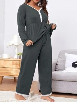 Women's Plus Size Loungewear Sets Patchwork Fashion Comfort Soft Home Daily Bed Polyester Warm Breathable V Wire Long Sleeve Pullover Pant Fall Winter Black Gray -Ladies Pajamas Store vxipwm1693986225338