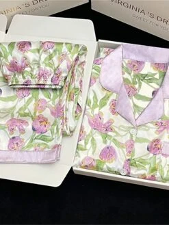 Women's Pajamas Sets Flower Romantic Casual Comfort Home Bed Satin Breathable Lapel Long Sleeve Shirt Pant Button Pocket Fall Winter Purple -Ladies Pajamas Store vxqebc1697161955533