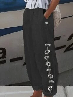 Women's Cotton And Linen Loungewear Pants Nighty Trousers Flower Print Elastic Waist Comfort Home Street Summer Spring Black White -Ladies Pajamas Store vxyhhu1683022524215