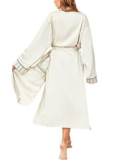 Women's Pajamas Bathrobe Robes Gown Stripe Simple Casual Comfort Home Daily Bed Ice Silk Breathable V Wire Long Sleeve Pocket Fall Winter Black White -Ladies Pajamas Store vzewnz1693379810857