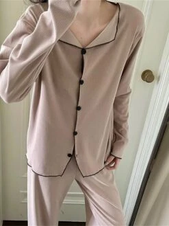 Women's Loungewear Sets Pure Color Fashion Comfort Soft Home Daily Bed Polyester Breathable Lapel Long Sleeve Pant Button Elastic Waist Fall Winter White Brown -Ladies Pajamas Store vzzwan1692348334063