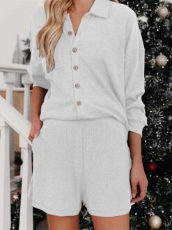 Women's Loungewear Sets Pure Color Casual Comfort Soft Home Street Daily Knit Breathable Lapel Long Sleeve Shirt Shorts Button Pocket Fall Winter Light Blue Black -Ladies Pajamas Store wbbheq1693986207293