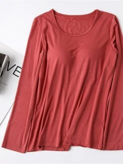 Women's Pink Pajama Top With Chest Pads Loungewear Top Pure Color Fashion Casual Comfort Street Daily Bed Modal Breathable Crew Neck Long Sleeve Fall Winter Black White -Ladies Pajamas Store wcchiz1697699933740