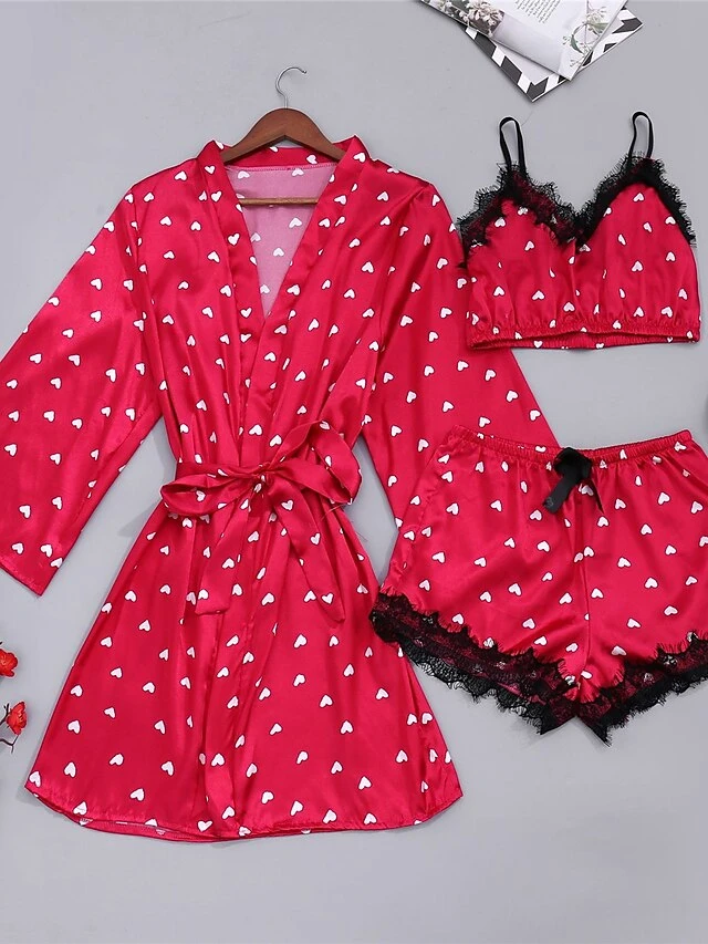 Women's Satin Heart Print Lace PJ Sets 3 Pcs Bathrobe Cami Top And Bow Tie Front Shorts Casual Comfort Soft Home Daily Bed Polyester Breathable Summer Fall White Wine 4 Women's Satin Heart Print Lace PJ Sets 3 Pcs Bathrobe Cami Top And Bow Tie Front Shorts Casual Comfort Soft Home Daily Bed Polyester Breathable Summer Fall White Wine - Image 2