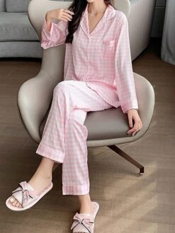 Women's Loungewear Sets Grid / Plaid Fashion Comfort Soft Home Daily Bed Ice Silk Breathable Lapel Long Sleeve Shirt Pant Button Pocket Fall Winter Black Pink -Ladies Pajamas Store wfxkgn1694766975187