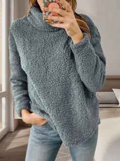 Women's Fleece Turtleneck Lounge Top Pure Color Plush Casual Comfort Home Street Daily Polar Fleece Warm Stand Collar Long Sleeve Pullover Fall Winter Black White -Ladies Pajamas Store whhpws1697074783691