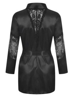 Women's Lace Satin Silk Bathrobe Robes Nightgown Pure Color Fashion Casual Comfort Home Daily Bed Satin Breathable V Wire Summer Fall Black -Ladies Pajamas Store wjwrgh1689506601686