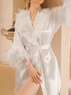 Women's Pajamas Robe Bathrobe Pure Color Fashion Comfort Soft Home Bed Wedding Party Polyester Breathable V Wire Feather Fall Winter Claret Deep Purple
